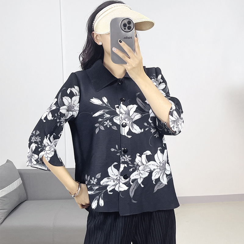 2024 Spring Women's Casual Shirt Loose Fashion Pleated Button Top Blouse - Picture 12 of 14