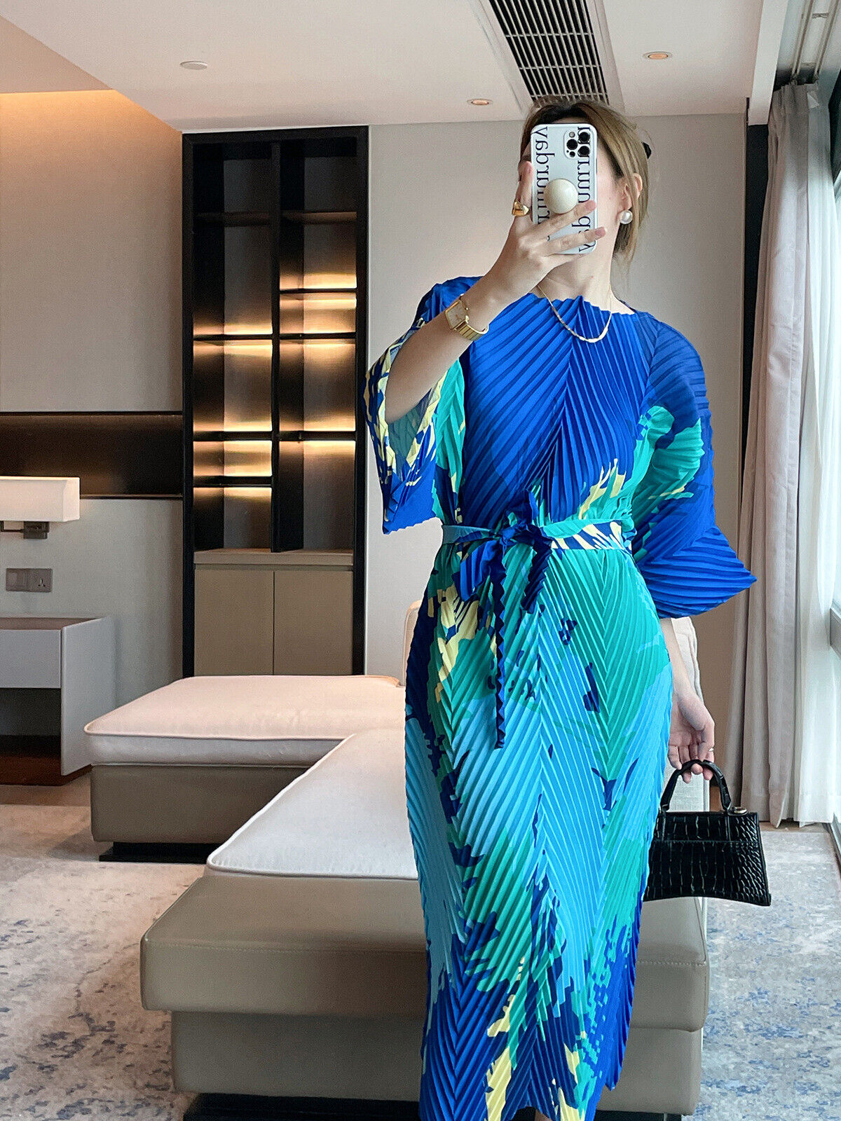 Fashion Pleated Summer Print Waist Cinching Dress Elegant Long Skirt