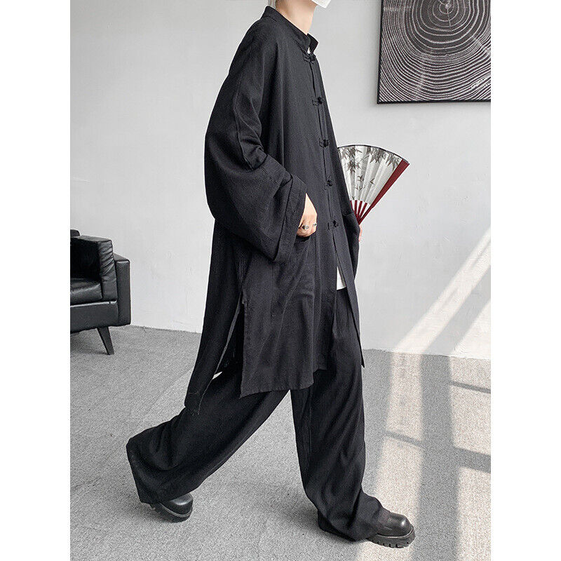 Hombres Abrigo Largo de Verano Hanfu Vestido Taoísta Bata Lino Ropa Traje Suelto Prendas para el torso + Pantalones - Imagen 16 de 18