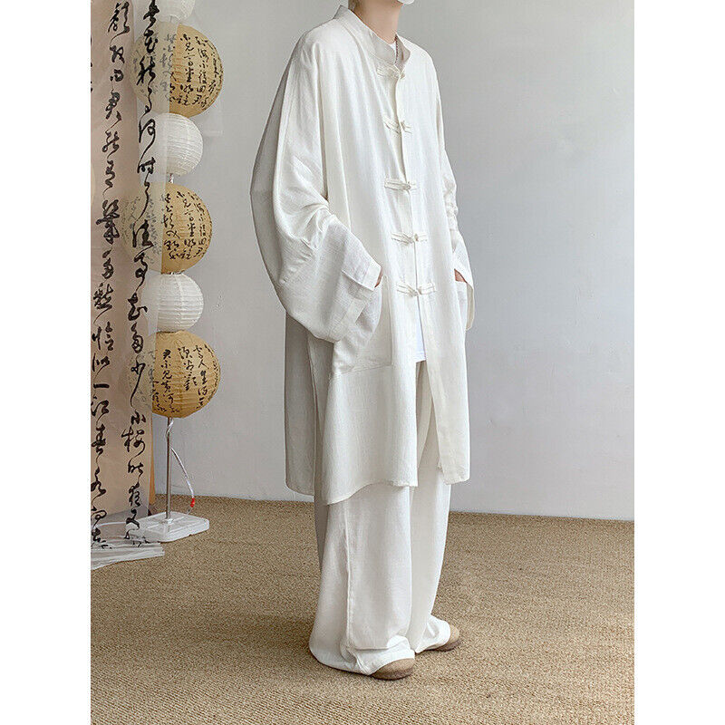 Hombres Abrigo Largo de Verano Hanfu Vestido Taoísta Bata Lino Ropa Traje Suelto Prendas para el torso + Pantalones - Imagen 17 de 18
