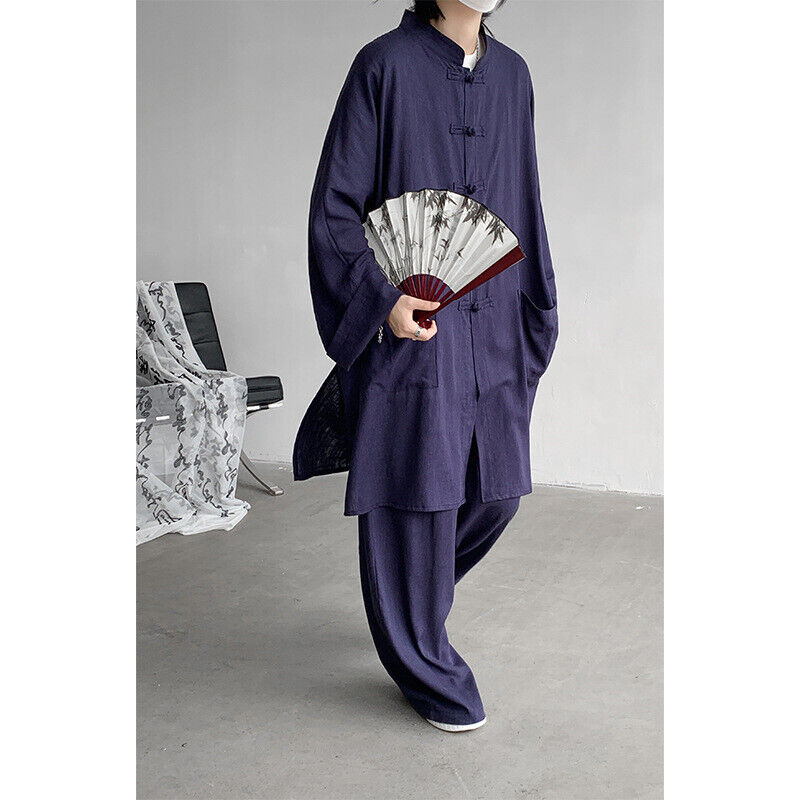 Hombres Abrigo Largo de Verano Hanfu Vestido Taoísta Bata Lino Ropa Traje Suelto Prendas para el torso + Pantalones - Imagen 18 de 18