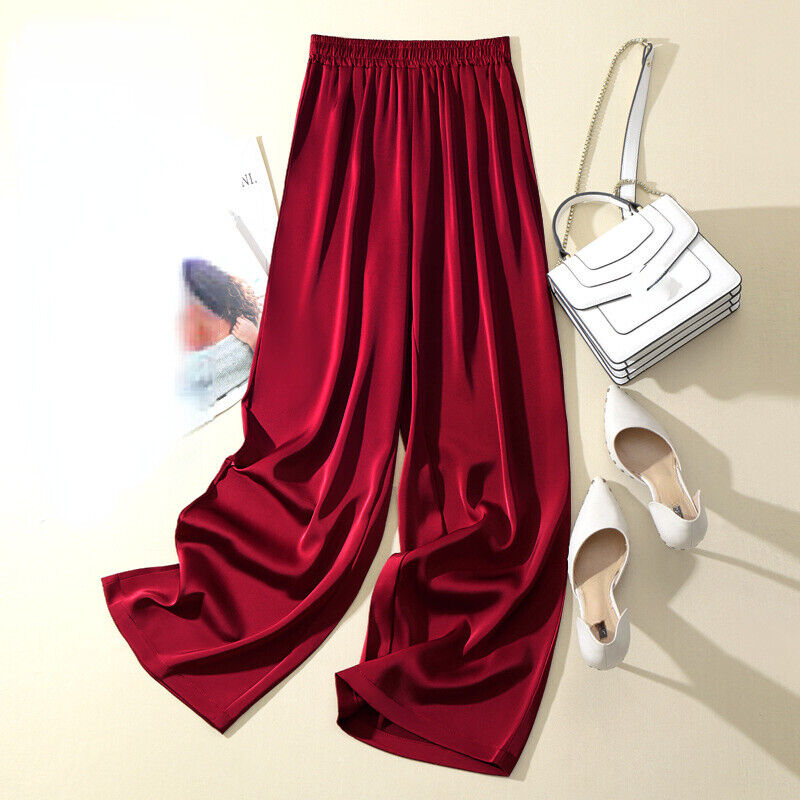 Ladies Satin Faux Silk Pants Trousers Shiny Wide Leg Straight Bottoms Loungewear