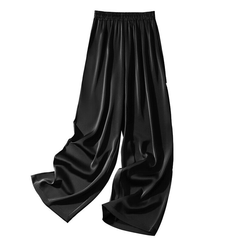 Ladies Satin Faux Silk Pants Trousers Shiny Wide Leg Straight Bottoms Loungewear