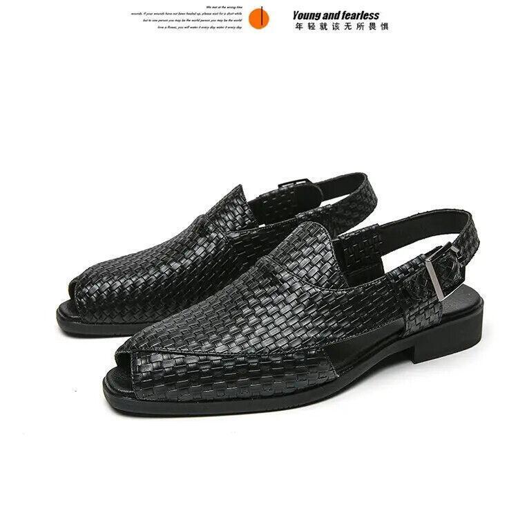 Sandalias de verano de cuero PU para hombre con hebilla tejido peeptoe vestido mocasín NUEVO - Imagen 21 de 22
