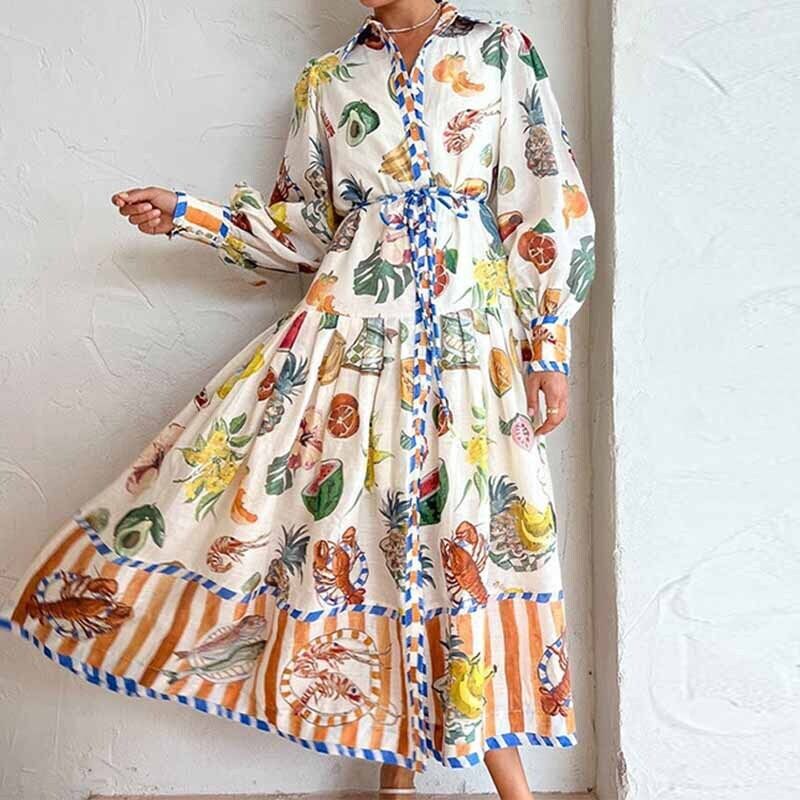 Hot women's temperament lantern sleeve printed waist cinched long sleeved dress - Picture 19 of 24