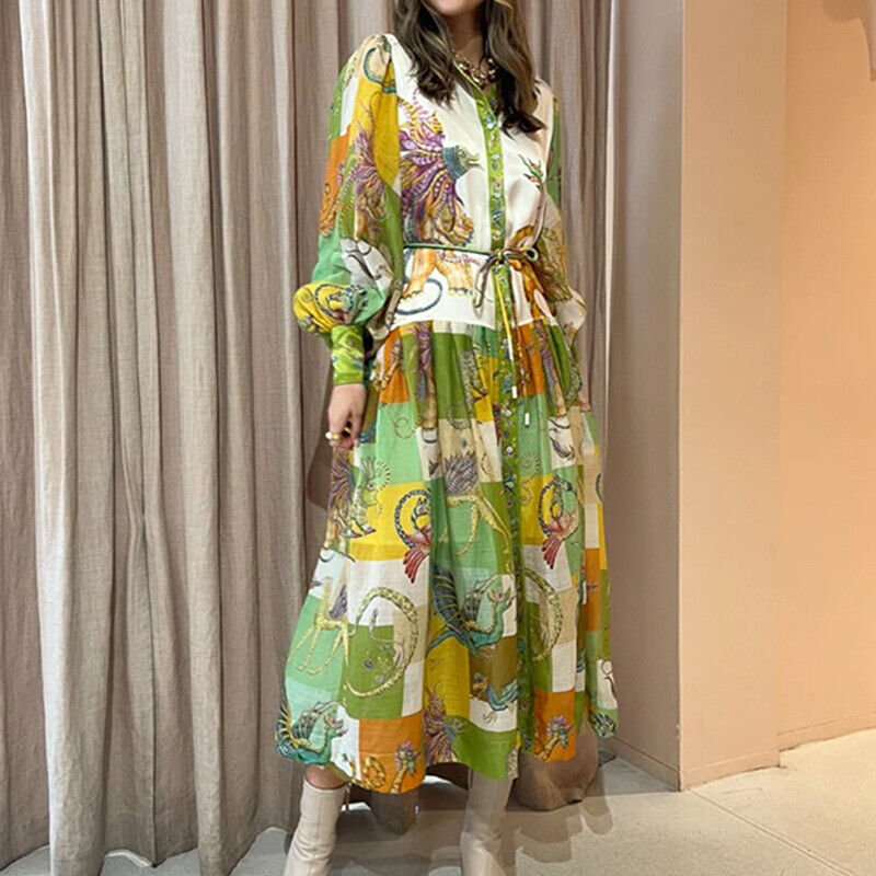 Hot women's temperament lantern sleeve printed waist cinched long sleeved dress - Picture 22 of 24