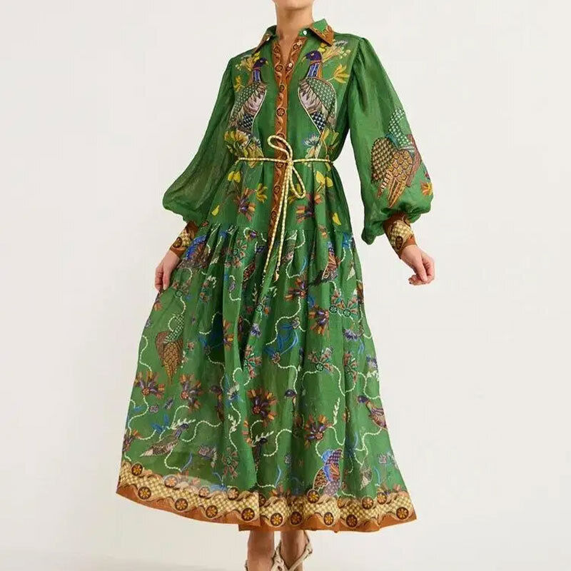 Hot women's temperament lantern sleeve printed waist cinched long sleeved dress - Picture 24 of 24
