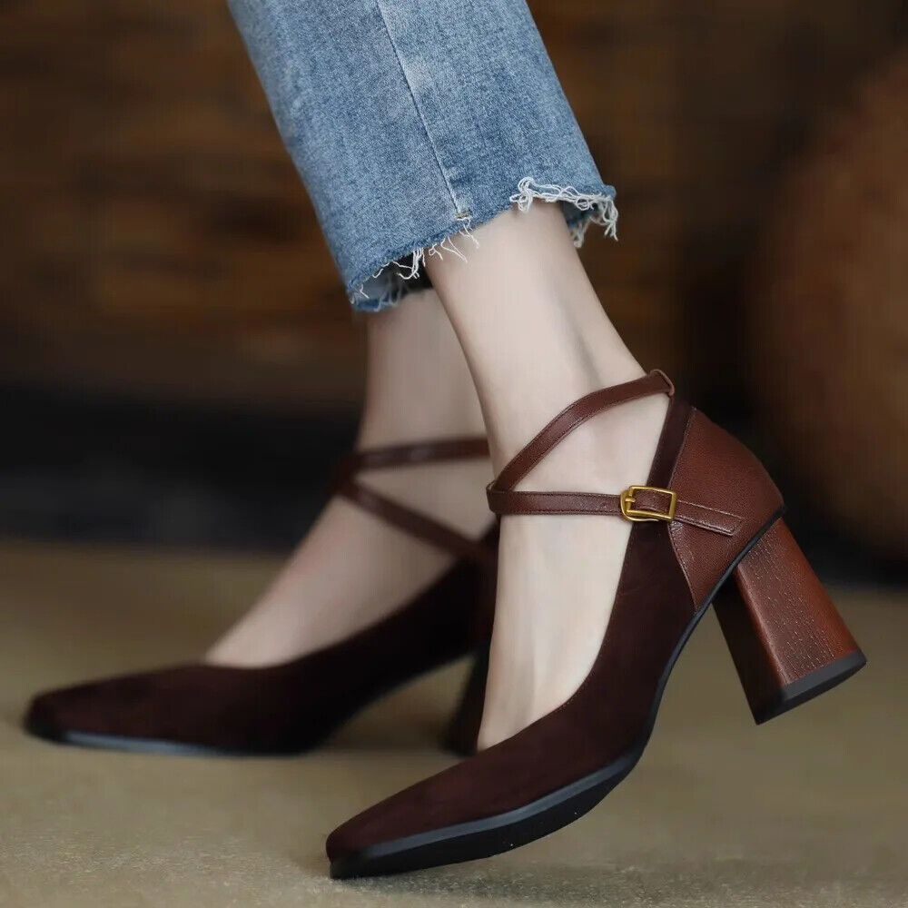 Damen-Pumps mit quadratischer Zehenpartie dicker Absatz sexy Kreuzschnalle Blockabsätze Schuhe Kleid - Bild 23 von 23