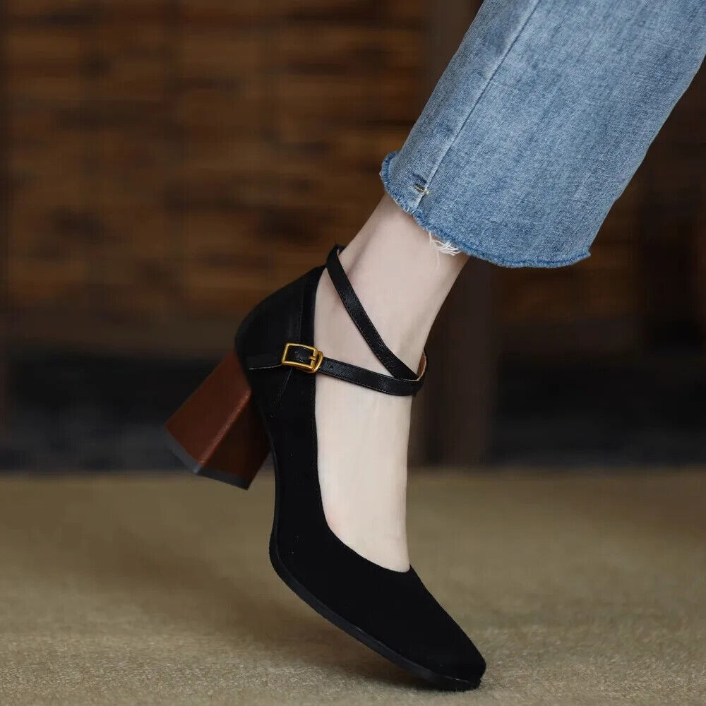 Damen-Pumps mit quadratischer Zehenpartie dicker Absatz sexy Kreuzschnalle Blockabsätze Schuhe Kleid - Bild 22 von 23