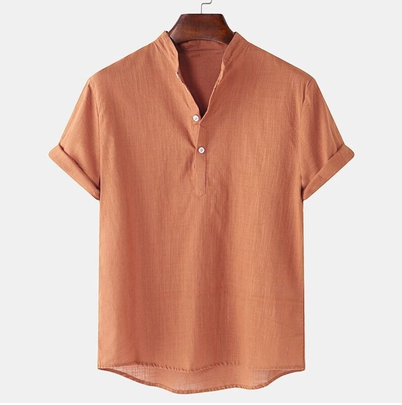 Men's Linen Shirt Short Sleeve Button Down Shirts Casual Summer Cotton T Shirts - Picture 19 of 22