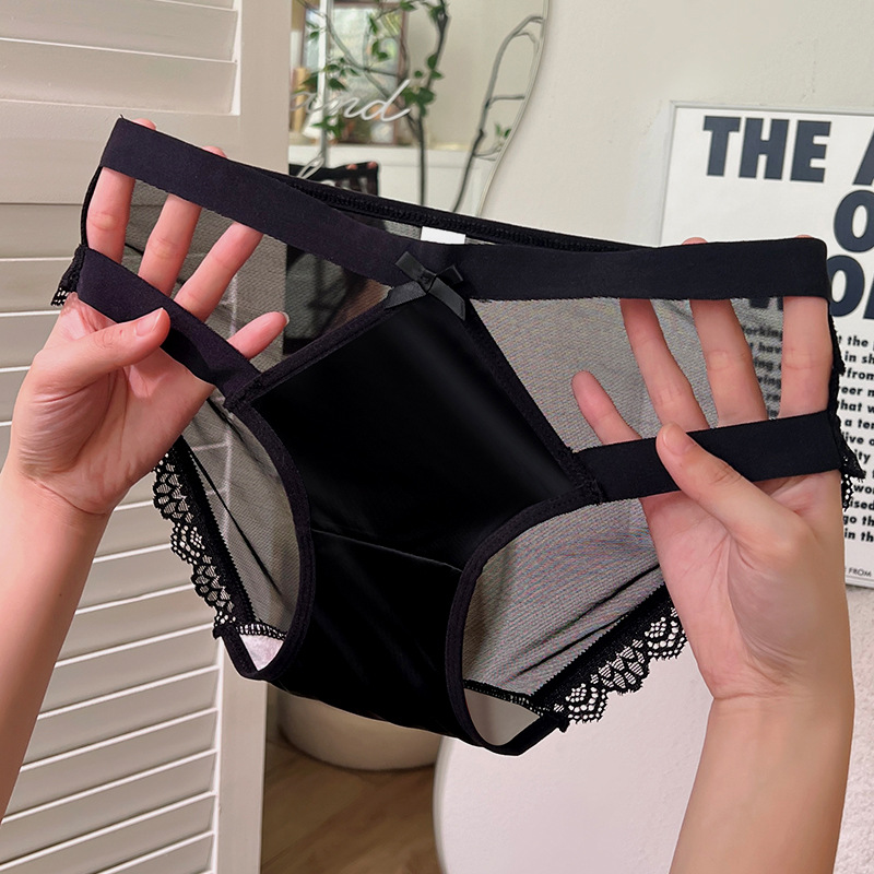 Summer Thin Mesh Lace Edge Hollow Sexy Bow Breathable Girl’s Mid Waist Panties