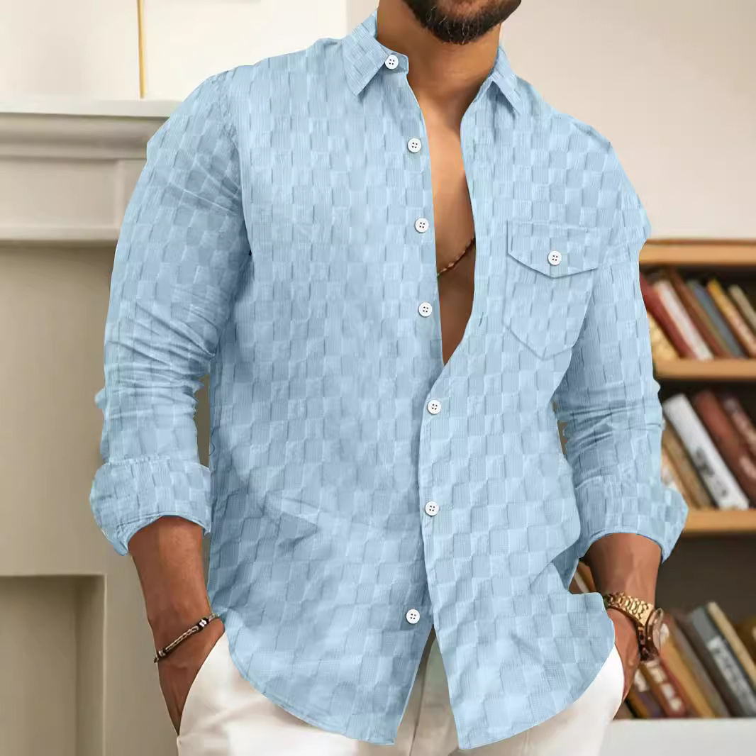 Camicia casual uomo jacquard a quadretti petto risvolto su tasca top a maniche lunghe abbottonata - Foto 15 di 16