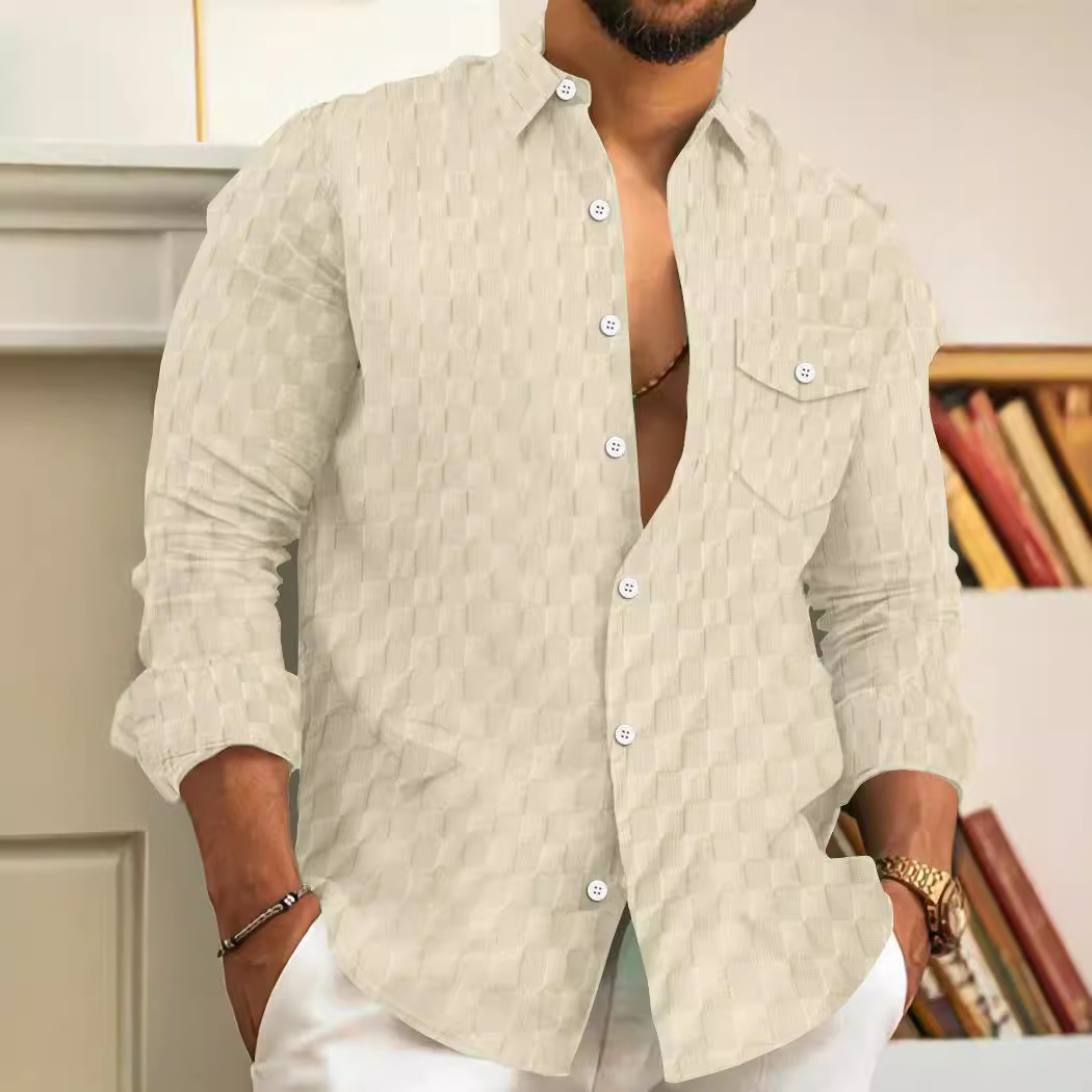 Camicia casual uomo jacquard a quadretti petto risvolto su tasca top a maniche lunghe abbottonata - Foto 16 di 16