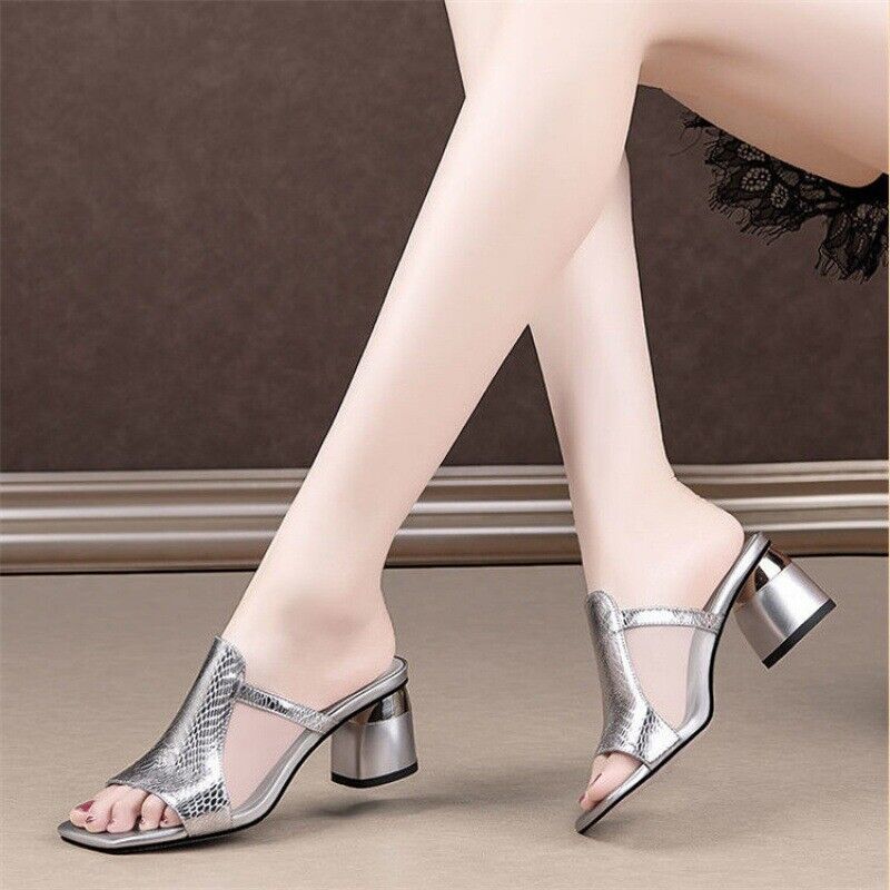 Women’s Summer Sandals New Fashion Breathable High Heel Square Toe Slippers Sz