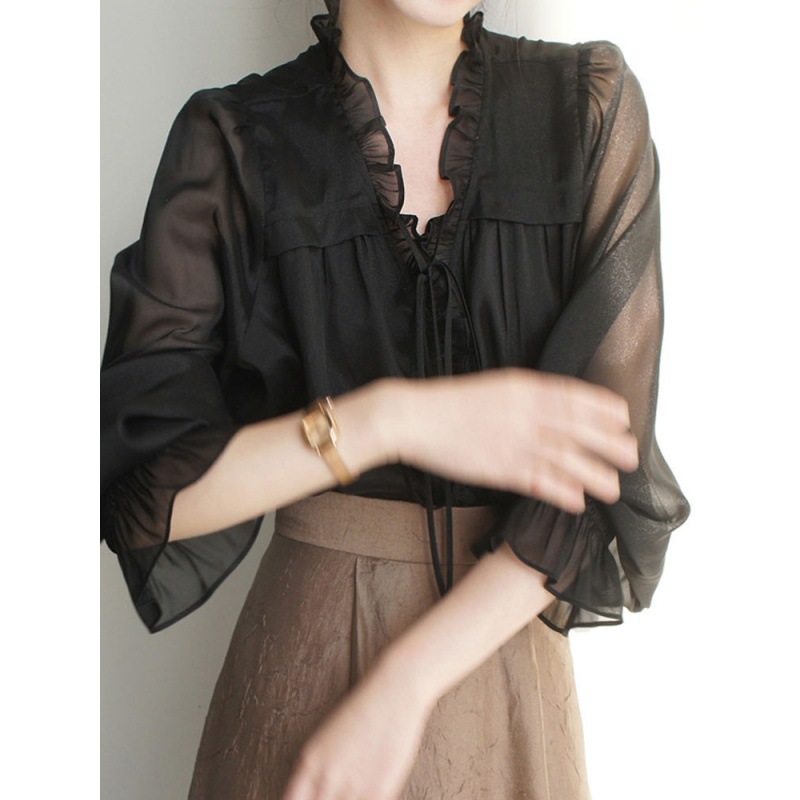 Women Chiffon Elegant Sheer Ruffles V Neck Lace Up Long Flare Sleeves Shirt Tops