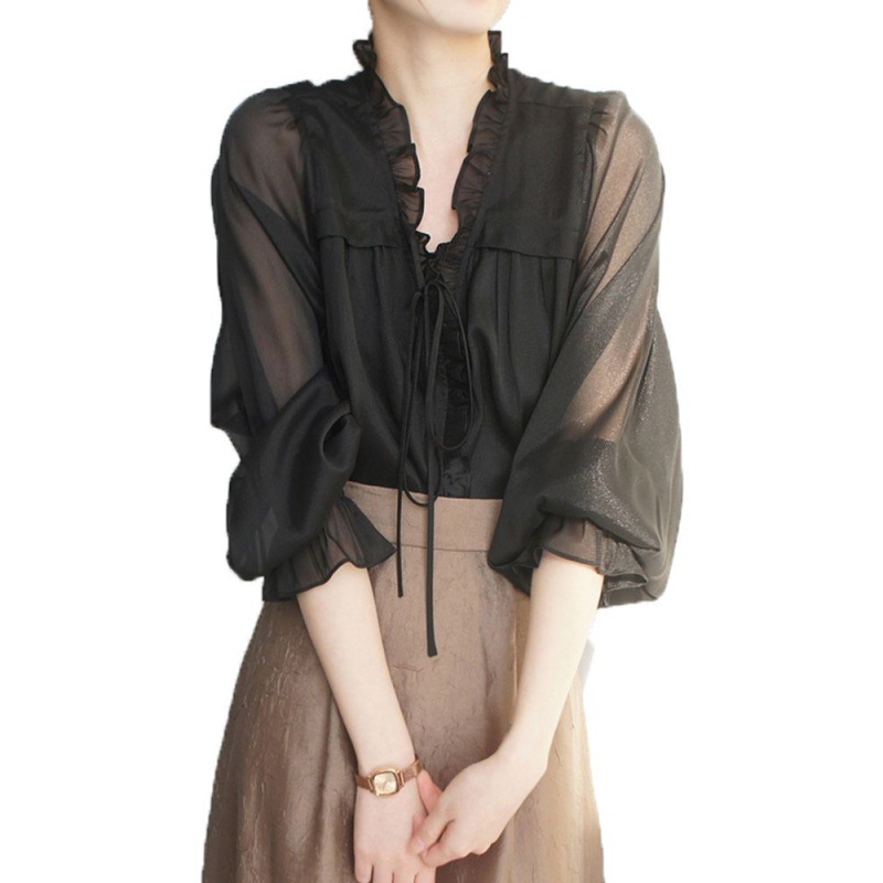 Women Chiffon Elegant Sheer Ruffles V Neck Lace Up Long Flare Sleeves Shirt Tops