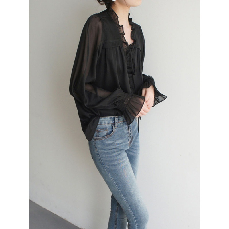 Women Chiffon Elegant Sheer Ruffles V Neck Lace Up Long Flare Sleeves Shirt Tops