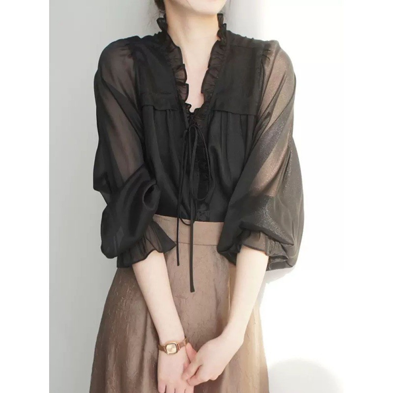 Women Chiffon Elegant Sheer Ruffles V Neck Lace Up Long Flare Sleeves Shirt Tops