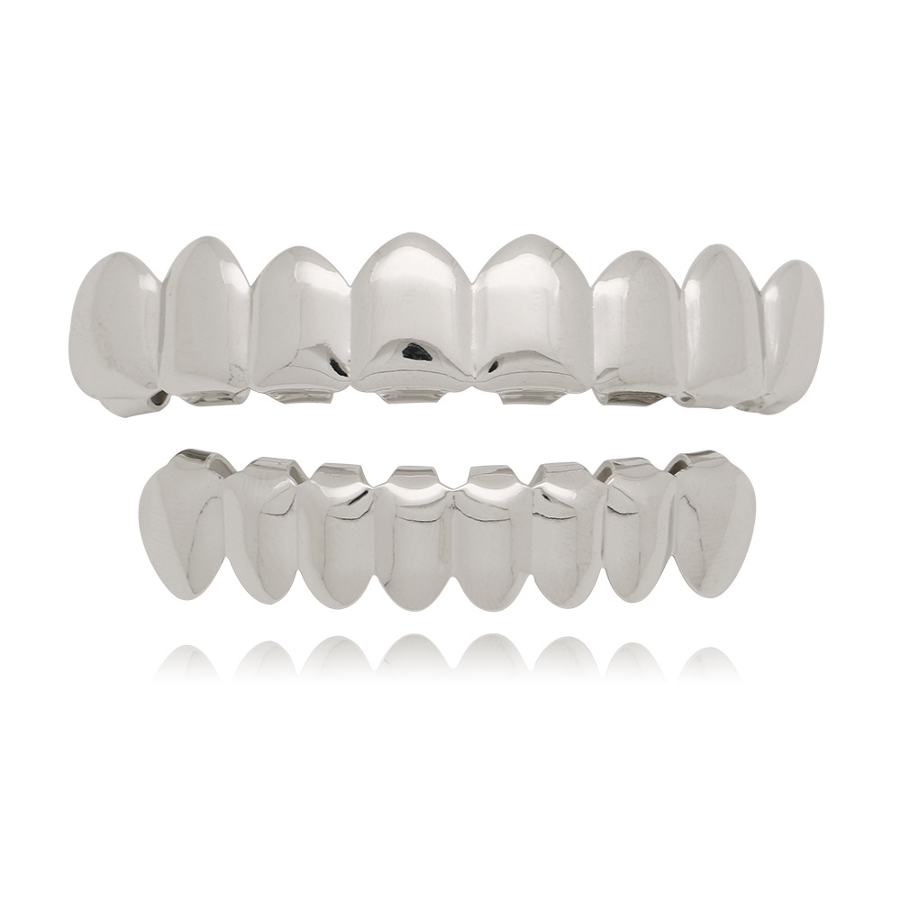 18K White Gold Plated Mouth GRILLZ Custom Teeth 8 Top Bottom Silver Grill JOKER