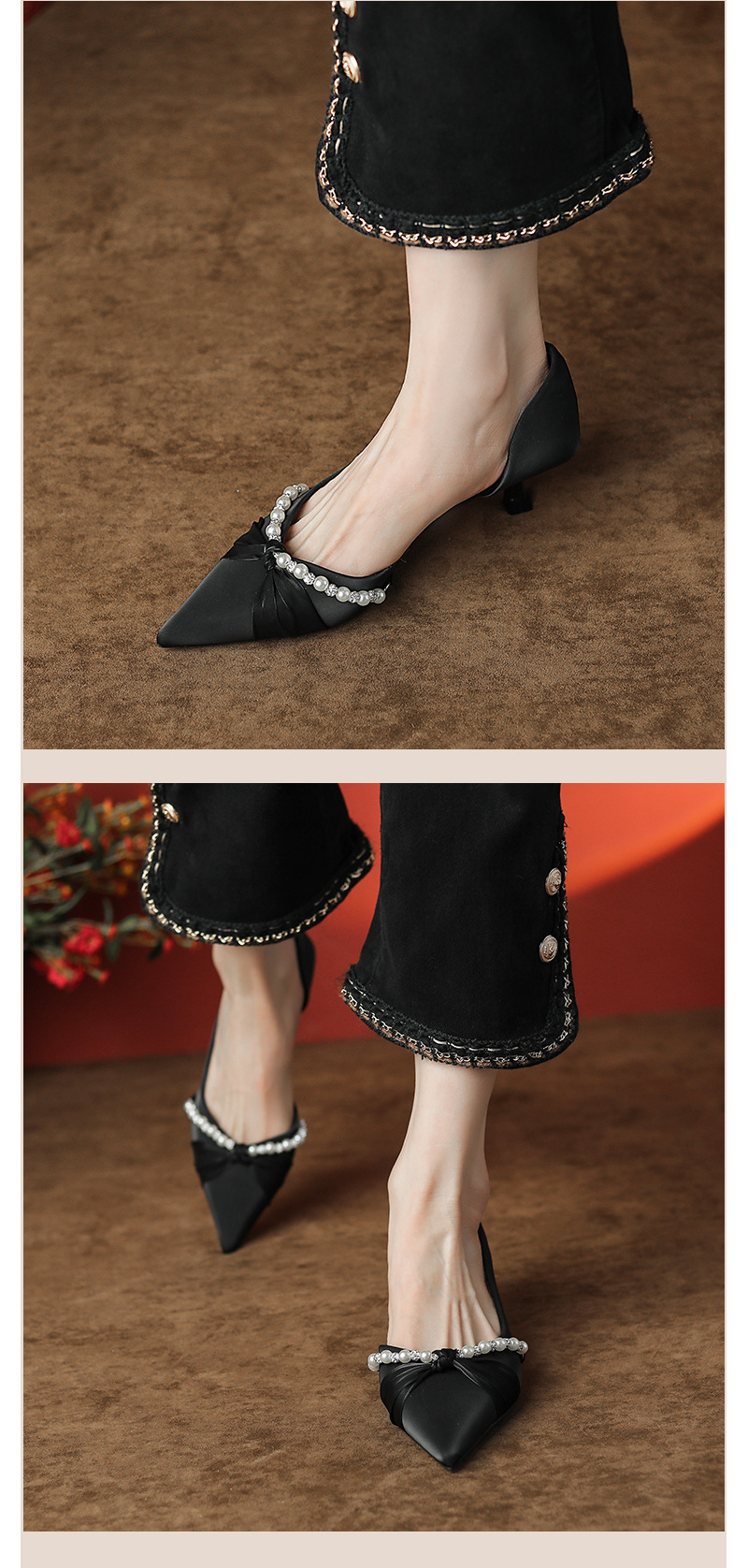 Womens Kitten Heels Pearl Shoes Chinese Wedding Bridesmaid Slip On Shoes