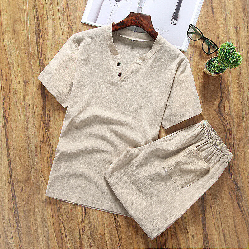 Mens Shorts Cotton Linen Summer Outfit 2-Piece Set Short Sleeve T Shirt and Pant