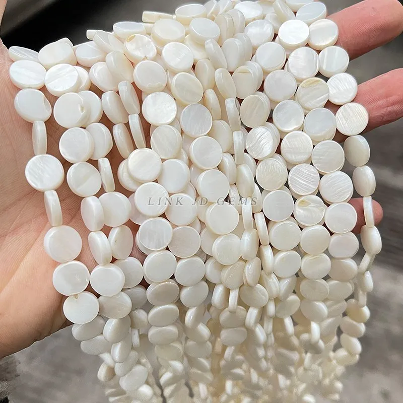 Cuentas planas redondas de madreperla redondas naturales blancas para hacer joyas - Imagen 7 de 8