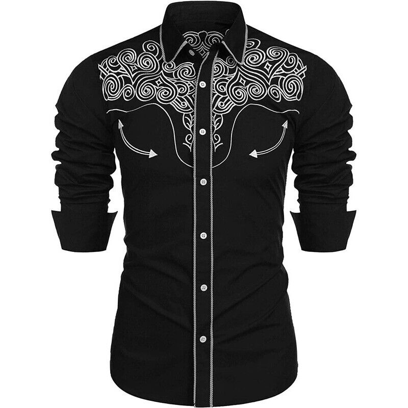 Mens Casual Buttons Down Western Cowboy Shirt Long Sleeve Retro Printed Shirts - Picture 11 of 14