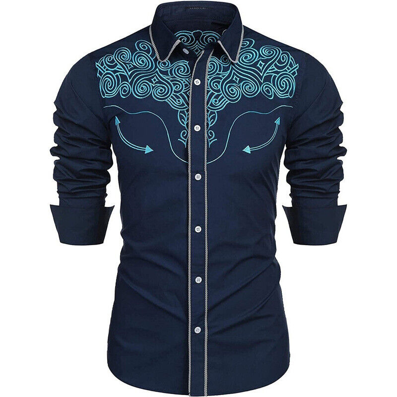 Mens Casual Buttons Down Western Cowboy Shirt Long Sleeve Retro Printed Shirts - Picture 12 of 14