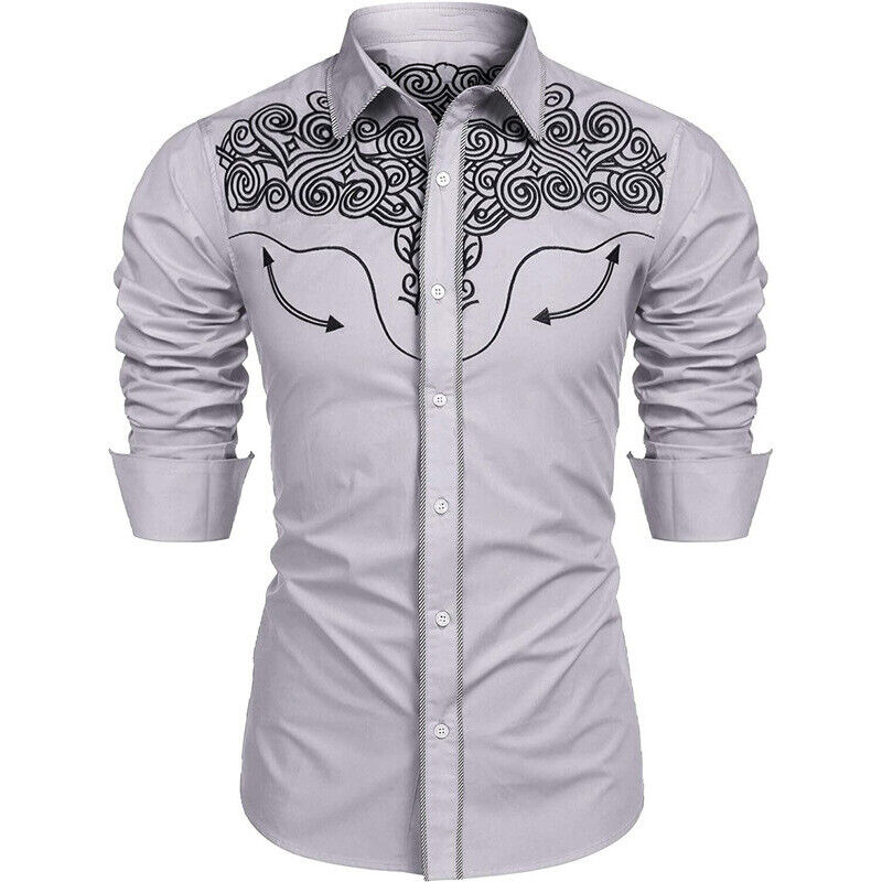 Mens Casual Buttons Down Western Cowboy Shirt Long Sleeve Retro Printed Shirts - Picture 13 of 14