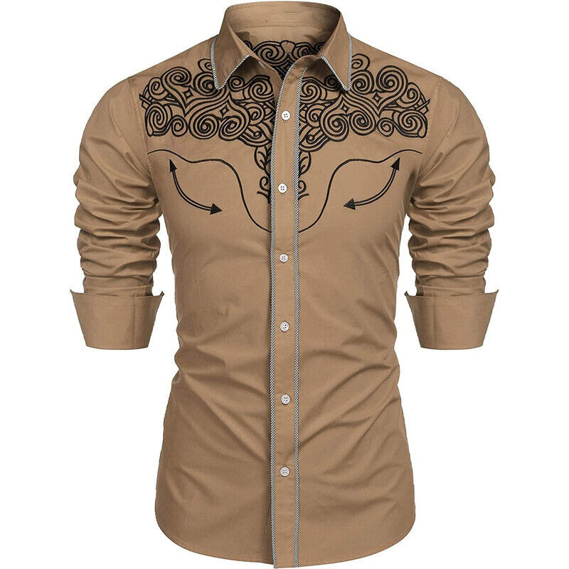 Mens Casual Buttons Down Western Cowboy Shirt Long Sleeve Retro Printed Shirts - Picture 14 of 14
