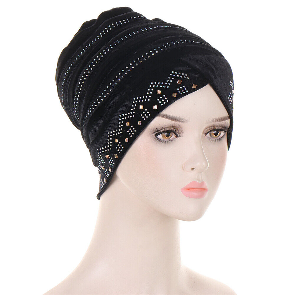 Women Muslim Hats Turban Velvet Head Cover Rhinestone Cancer Chemo Baggy Caps - Picture 25 of 60