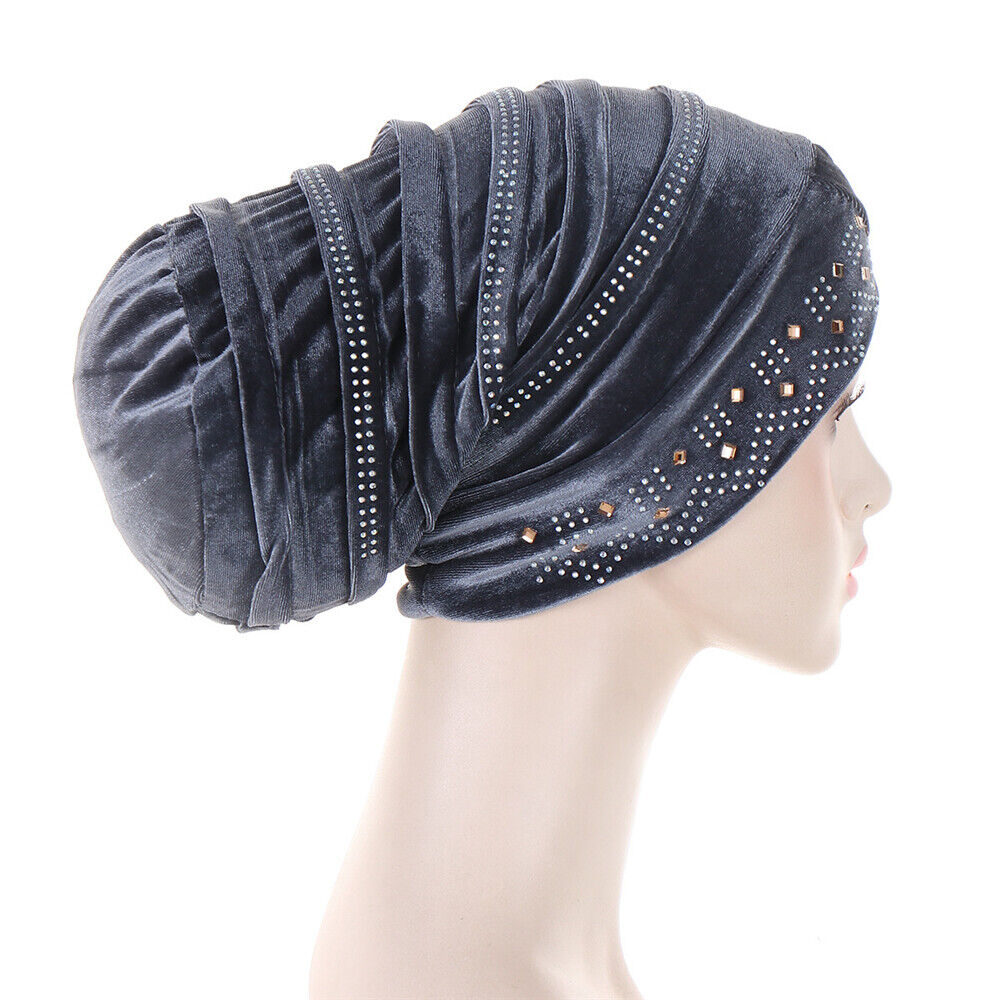 Women Muslim Hats Turban Velvet Head Cover Rhinestone Cancer Chemo Baggy Caps - Picture 28 of 60