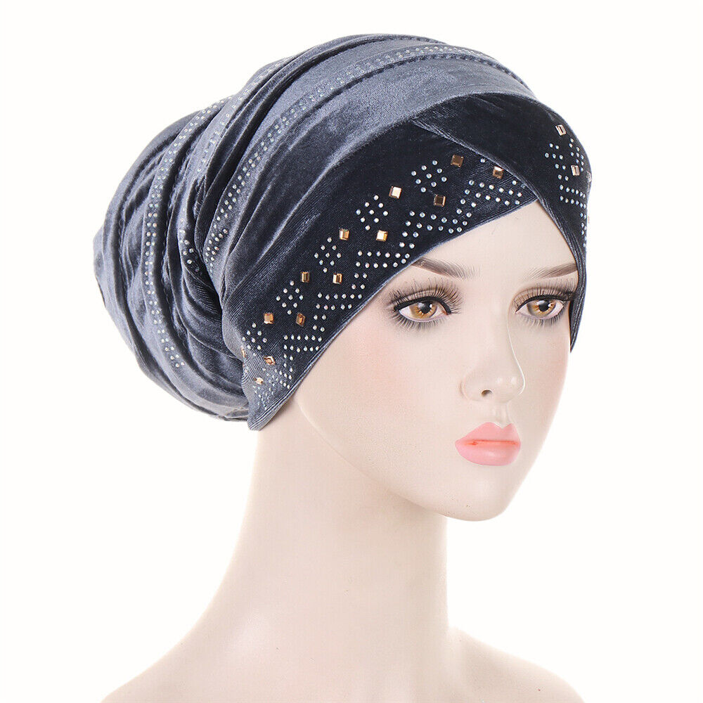 Women Muslim Hats Turban Velvet Head Cover Rhinestone Cancer Chemo Baggy Caps - Picture 30 of 60