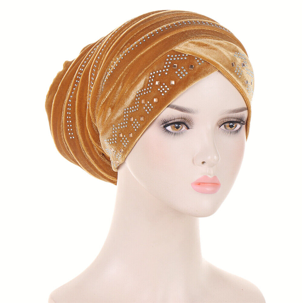 Women Muslim Hats Turban Velvet Head Cover Rhinestone Cancer Chemo Baggy Caps - Picture 32 of 60