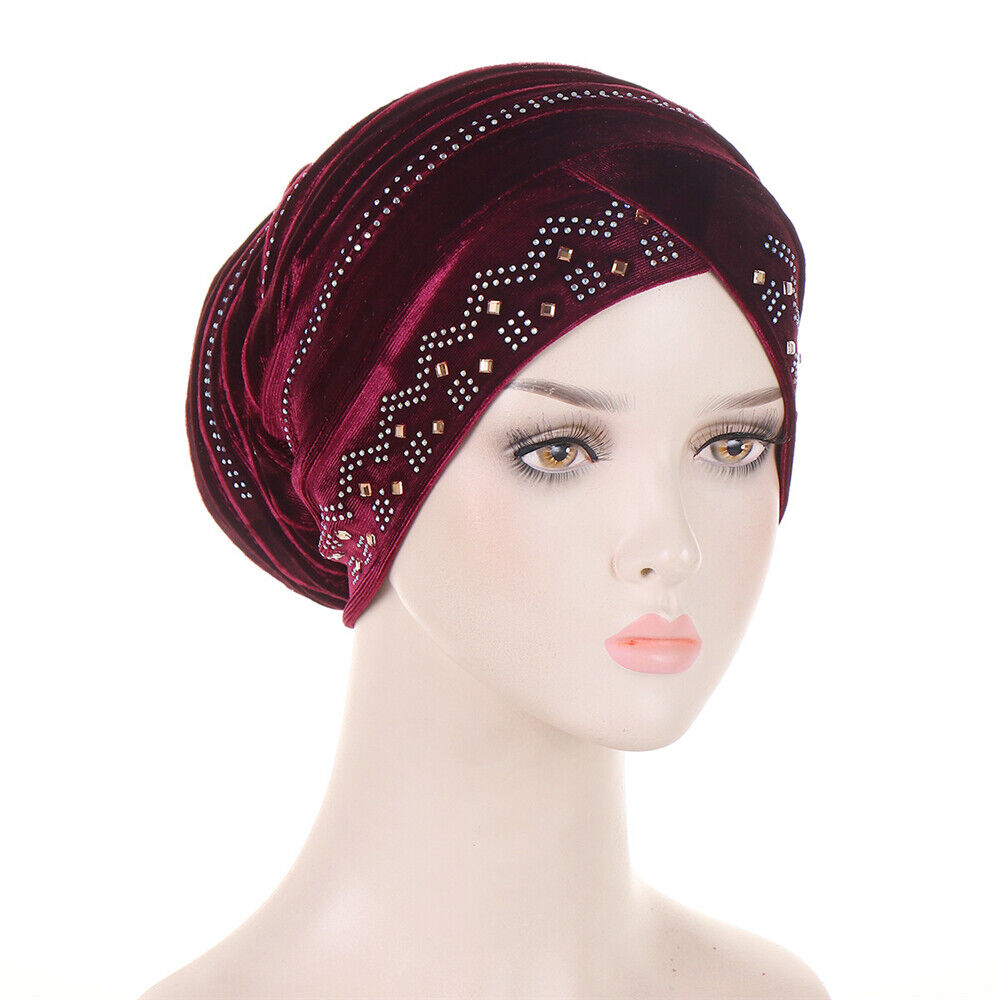 Women Muslim Hats Turban Velvet Head Cover Rhinestone Cancer Chemo Baggy Caps - Picture 34 of 60