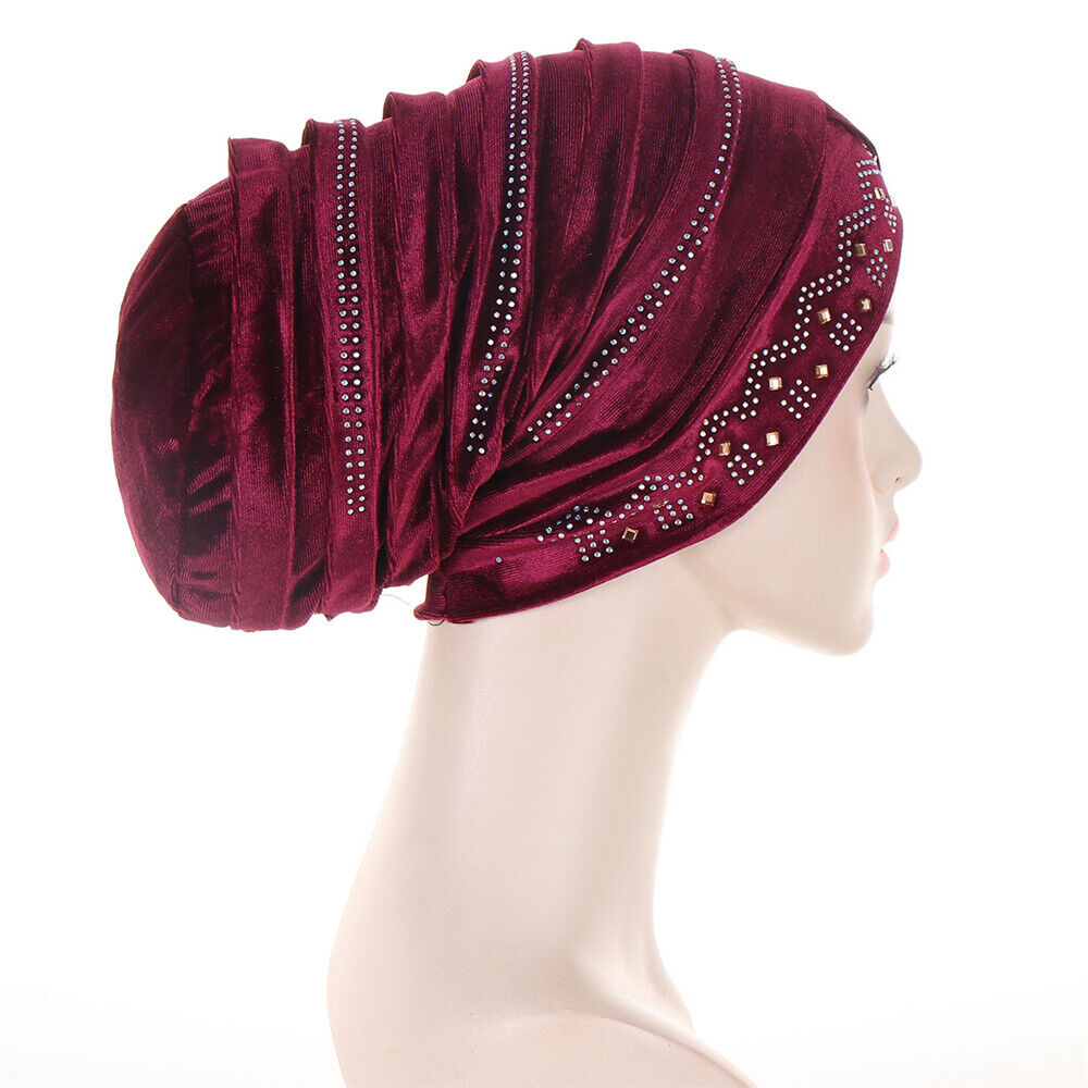 Women Muslim Hats Turban Velvet Head Cover Rhinestone Cancer Chemo Baggy Caps - Picture 35 of 60