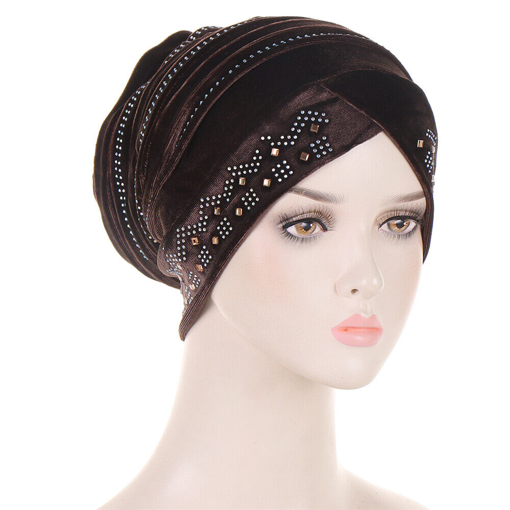 Women Muslim Hats Turban Velvet Head Cover Rhinestone Cancer Chemo Baggy Caps - Picture 37 of 60