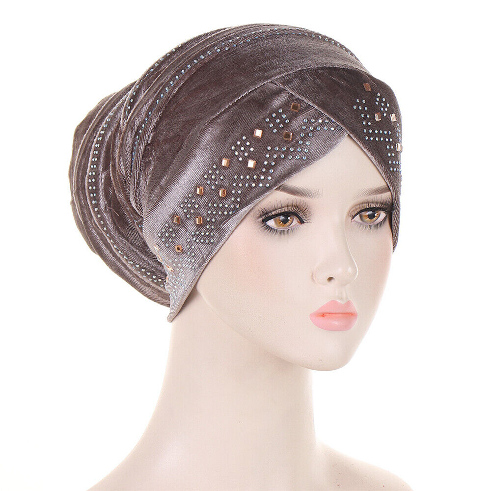 Women Muslim Hats Turban Velvet Head Cover Rhinestone Cancer Chemo Baggy Caps - Picture 40 of 60