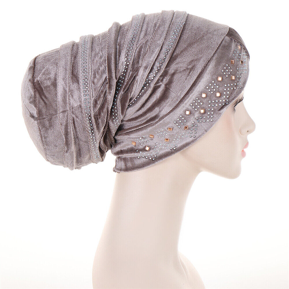 Women Muslim Hats Turban Velvet Head Cover Rhinestone Cancer Chemo Baggy Caps - Picture 41 of 60