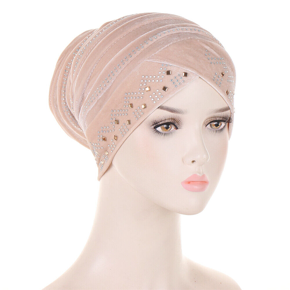 Women Muslim Hats Turban Velvet Head Cover Rhinestone Cancer Chemo Baggy Caps - Picture 43 of 60
