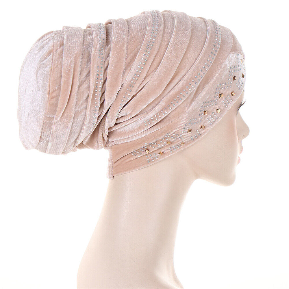 Women Muslim Hats Turban Velvet Head Cover Rhinestone Cancer Chemo Baggy Caps - Picture 44 of 60