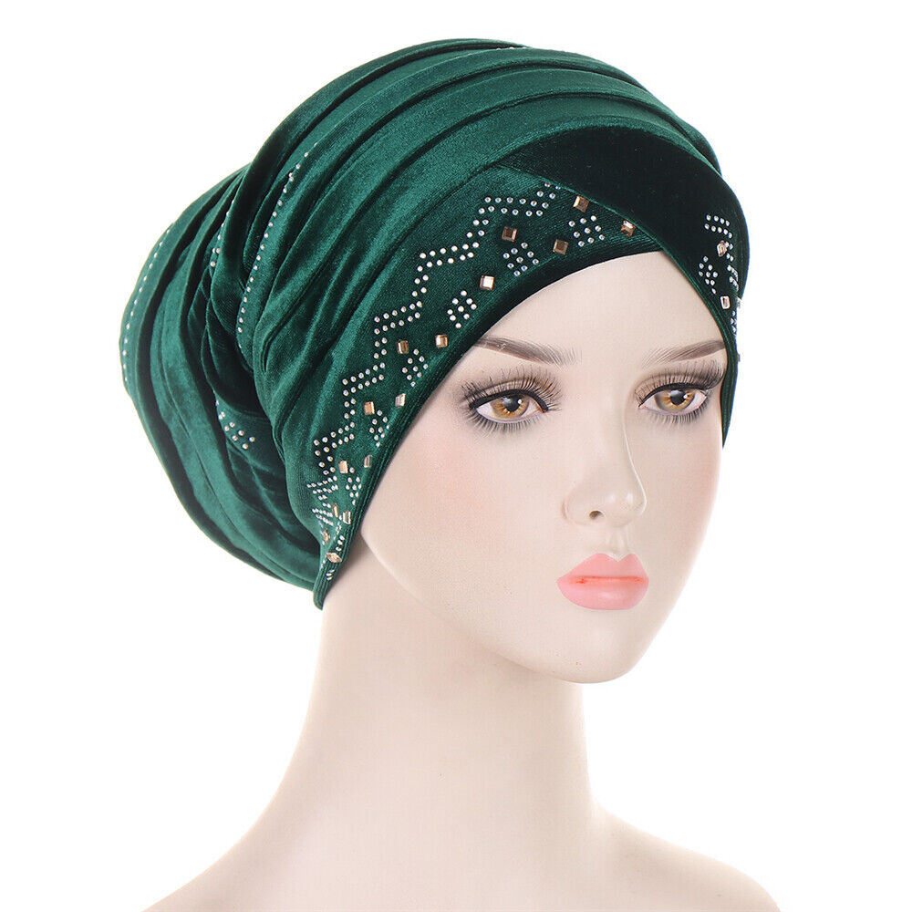 Women Muslim Hats Turban Velvet Head Cover Rhinestone Cancer Chemo Baggy Caps - Picture 46 of 60