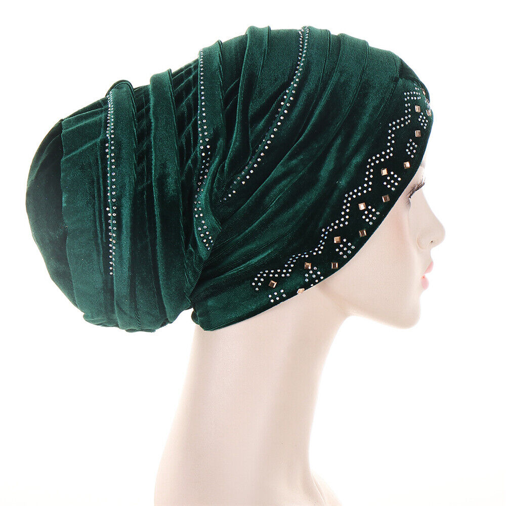 Women Muslim Hats Turban Velvet Head Cover Rhinestone Cancer Chemo Baggy Caps - Picture 47 of 60