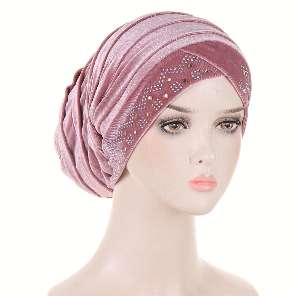 Women Muslim Hats Turban Velvet Head Cover Rhinestone Cancer Chemo Baggy Caps - Picture 52 of 60