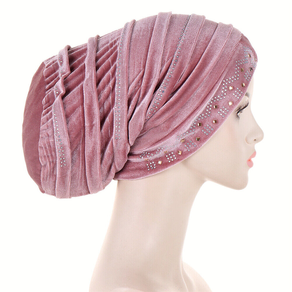 Women Muslim Hats Turban Velvet Head Cover Rhinestone Cancer Chemo Baggy Caps - Picture 54 of 60