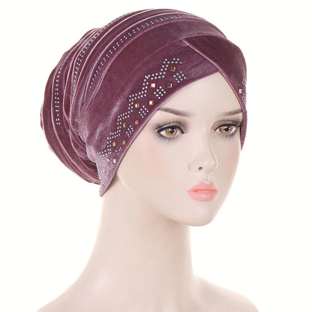Women Muslim Hats Turban Velvet Head Cover Rhinestone Cancer Chemo Baggy Caps - Picture 55 of 60