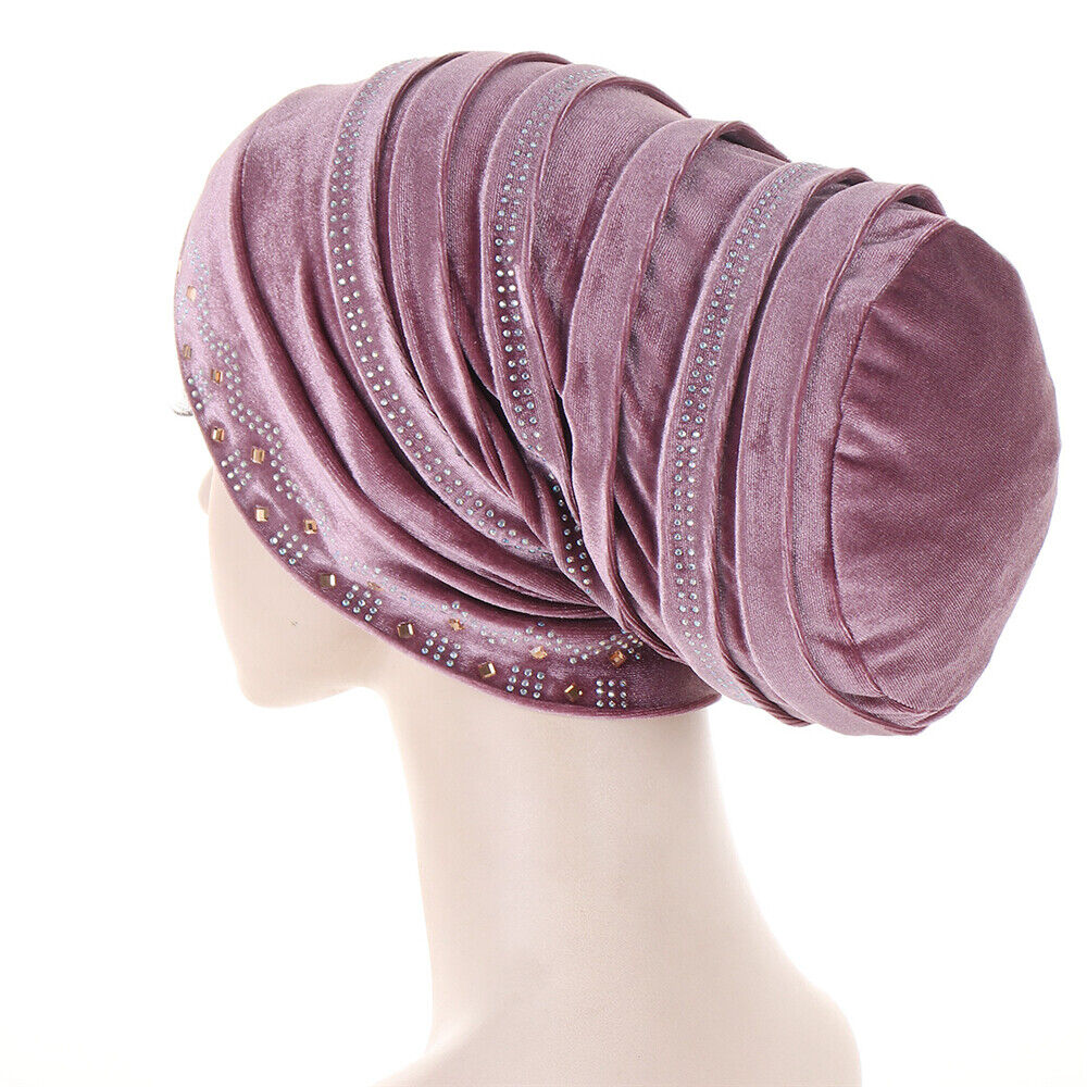 Women Muslim Hats Turban Velvet Head Cover Rhinestone Cancer Chemo Baggy Caps - Picture 56 of 60