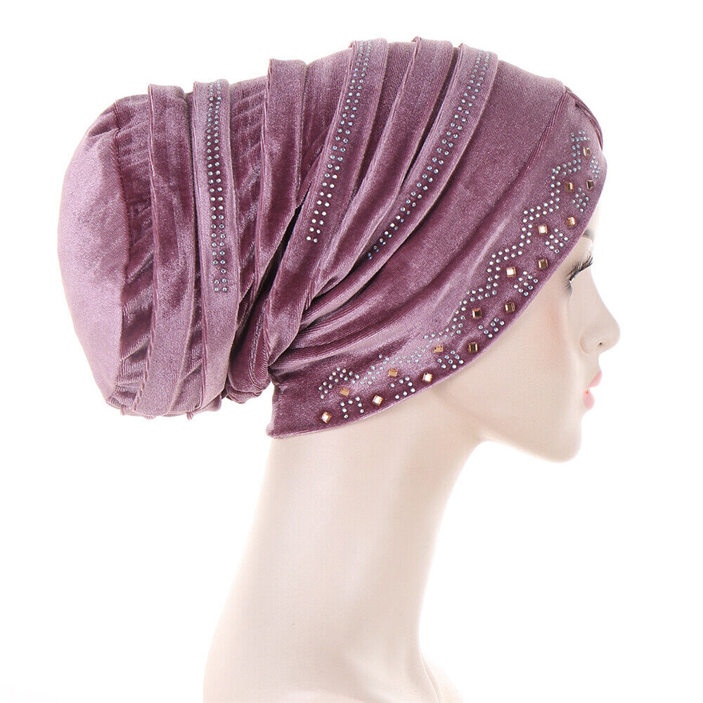 Women Muslim Hats Turban Velvet Head Cover Rhinestone Cancer Chemo Baggy Caps - Picture 57 of 60