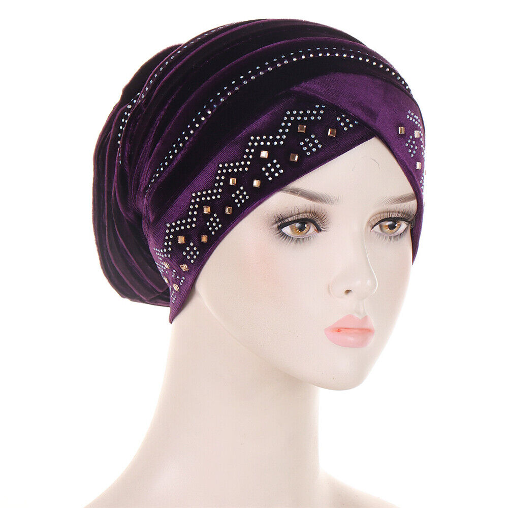 Women Muslim Hats Turban Velvet Head Cover Rhinestone Cancer Chemo Baggy Caps - Picture 58 of 60