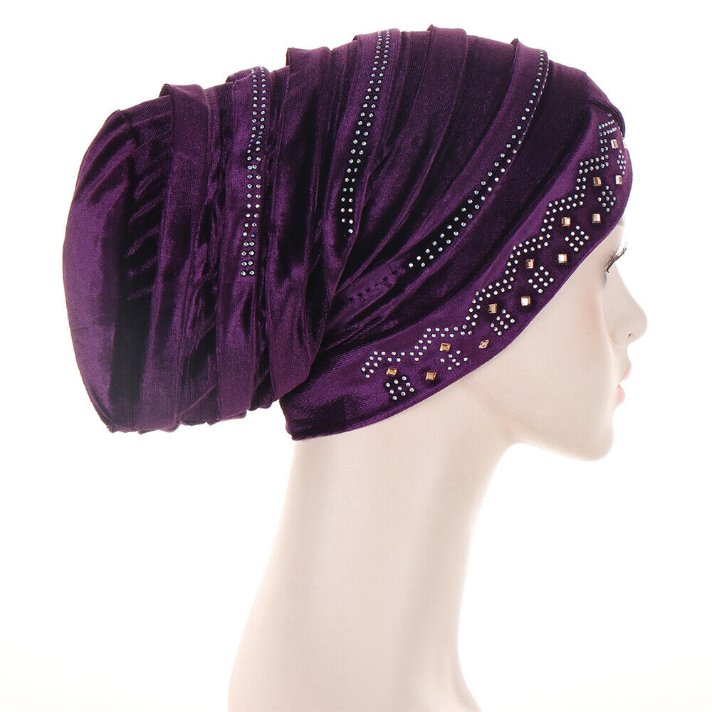 Women Muslim Hats Turban Velvet Head Cover Rhinestone Cancer Chemo Baggy Caps - Picture 59 of 60